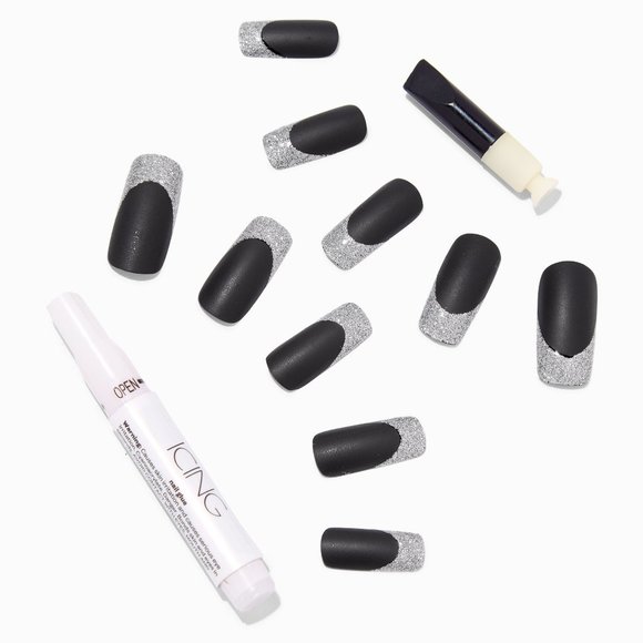 NEW SILVER GLITTER TIP BLACK LONG SQUARE VEGAN FAUX NAIL SET - 24 PACK - Picture 2 of 2